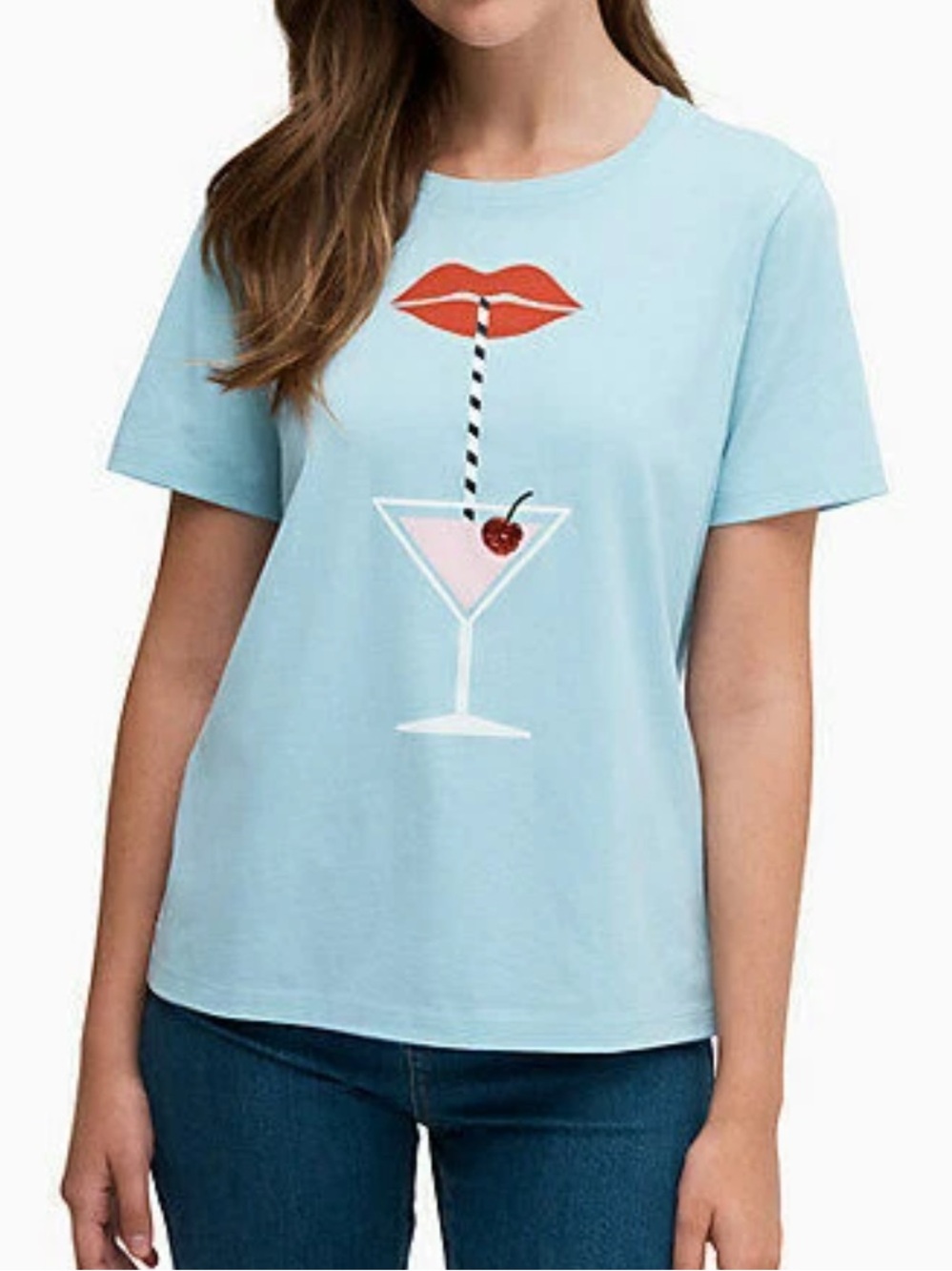 kate spade Light Blue Cocktail Graphic Tee Sz M